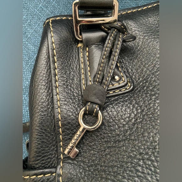Fossil Black Leather Double Handles Shoulder Handbag Purse Silver Tone Hardware - Picture 10 of 16